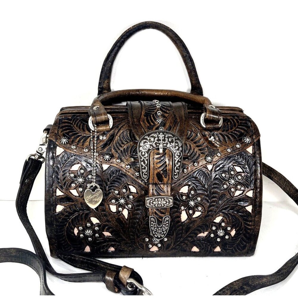 American West Brown Tooled Structured Leather Doctor Satchel Shoulder Bag w/Flaw